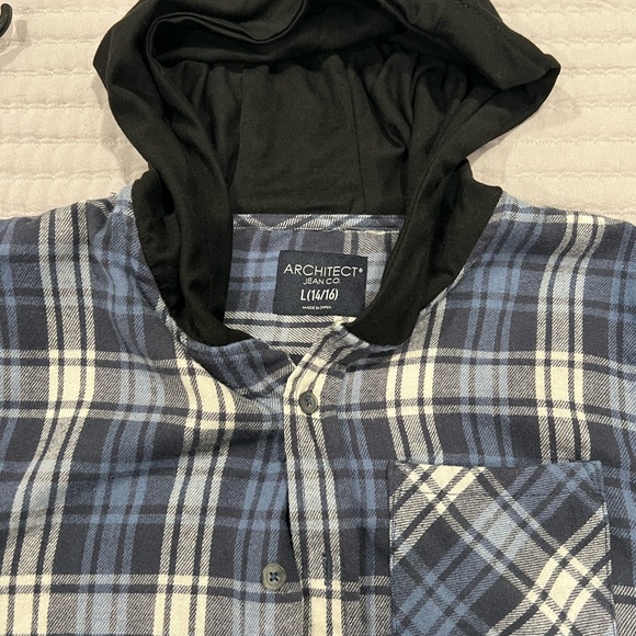 Boys blue and white flannel with hoodie - Picture 5 of 5